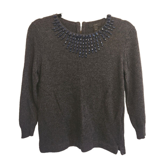 J Crew Womens Sweater Gray‎ Wool Blend Blue Jeweled Neckline Top Extra Small - Picture 1 of 11